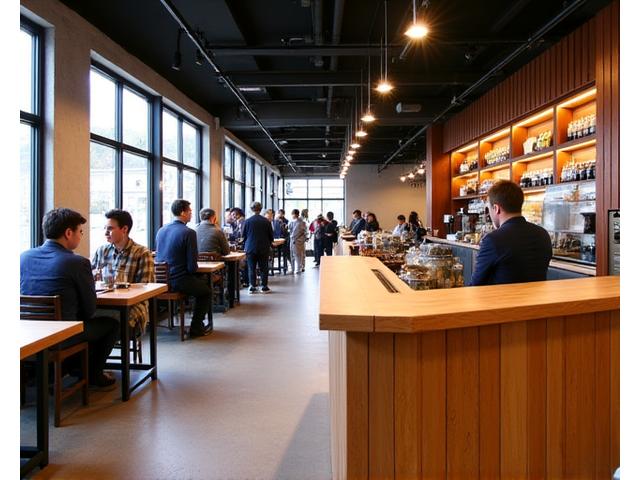 Custom timber counter and seating in a bustling cafe