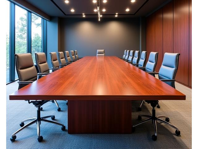 Large custom timber office desk in a modern open-plan office