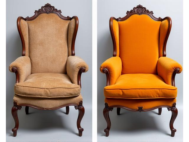 Restored antique Victorian era armchair showing before and after