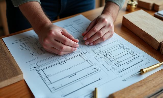 Artisan working on a custom furniture design blueprint and wood samples