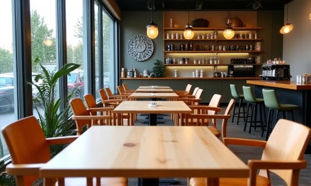 Modern cafe interior with custom wooden tables and chairs, demonstrating a commercial fit-out
