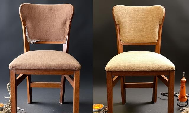 Before and after of a vintage wooden chair undergoing restoration, showing skill and attention to detail