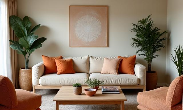 An inviting living room styled with natural timber furniture and warm, earthy tones, showcasing interior design consultation