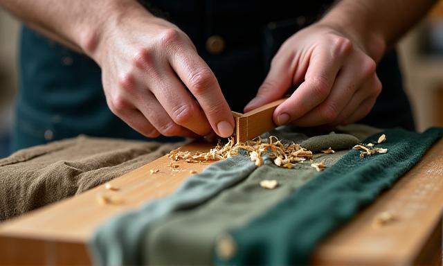 Close-up of a craftsman's hands working on intricate wood joinery and a luxurious upholstered fabric sample